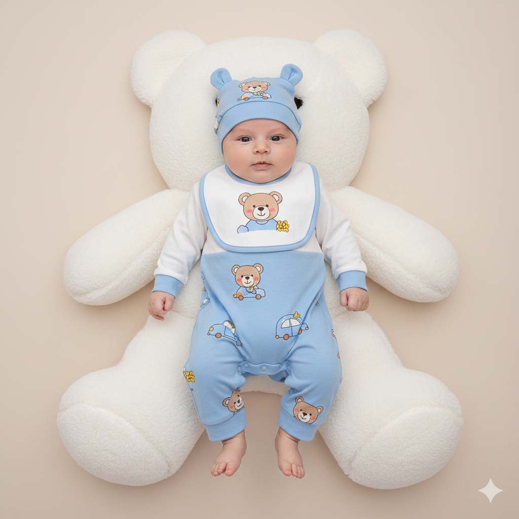 Cute Baby & Baba Bear Rumple Set with Cap & Bib (0–3 Months)