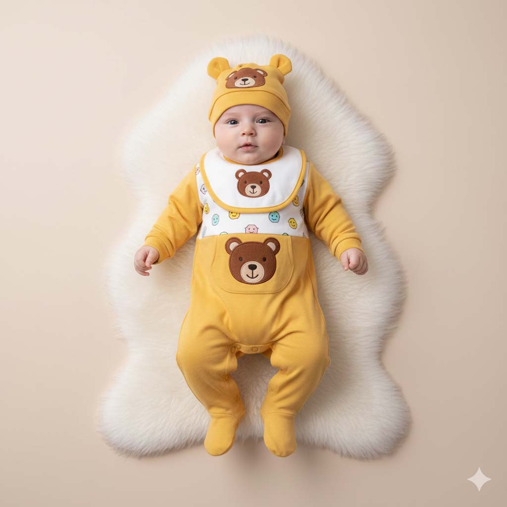 Cute Baby & Baba Bear Rumple Set with Cap & Bib (0–3 Months)