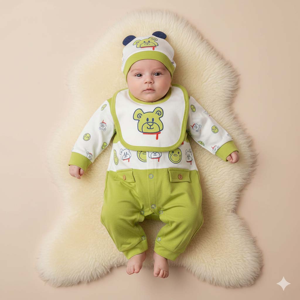 Cute Baby & Baba Bear Rumple Set with Cap & Bib (0–3 Months)