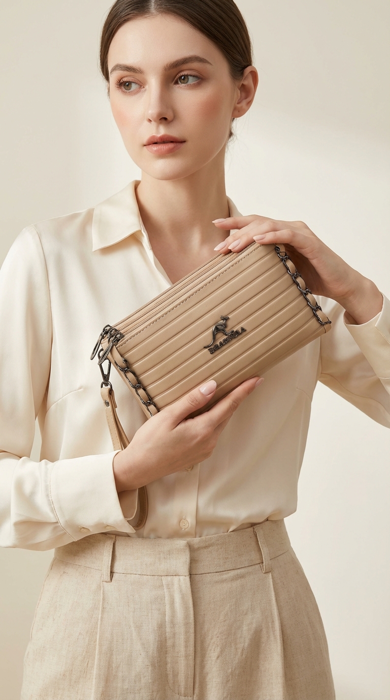 Ladies Beige Multi-Zip Long Wallet – Premium Chain Detail Clutch