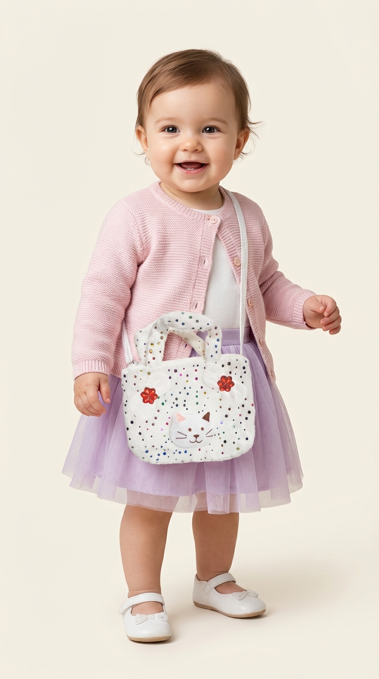 Baby Girl White Cat Plush Crossbody Handbag for Toddlers